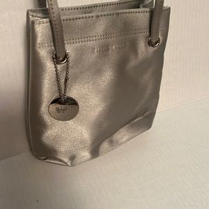 Nine West satin silver grey formal crossbody purse snap in middle good condition